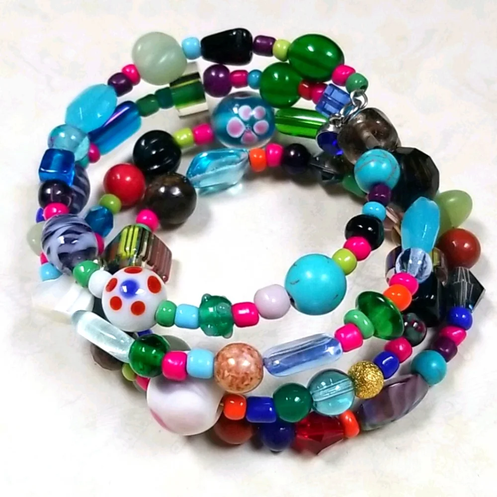 Hand Crafted Vintage Glass and Turquoise and Semi-precious Bead Wrap Bracelet - Picture 8 of 16